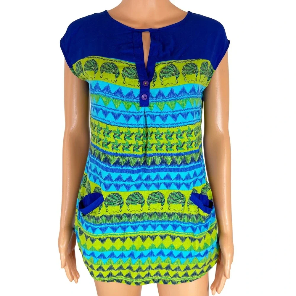 Global Desi Womens Blue Green Geometric Print Tunic‎ Top Cap Sleeve Size S